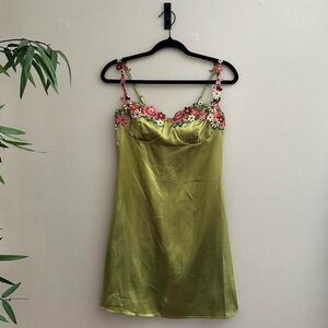 Luxurious Olive Satin Chemise with Floral Accents